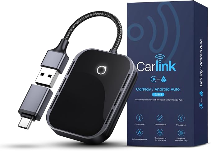 Wireless CarPlay & Android Auto Adapter for iPhone & Android - USB-C, No Latency, Seamless Multi-User Connection (iOS 10+, Bluetooth Car Stereo Support)