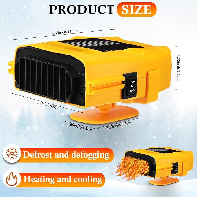 2 Pcs 12v 150w Car Heater for Vehicle Plugs into Cigarette Lighter with 360° Rotatable Base, 2 in 1 Portable Winter Windshield Defroster Electric Defogger Warmer for Car Suv Universal(Yellow)