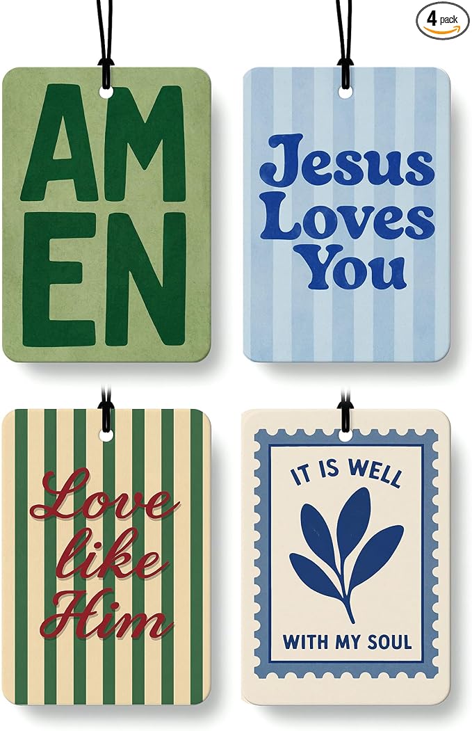 Blue and Green Christian Car Air Freshener 4 Pcs for Women Girls | Religious Jesus Car Accessories Mirror Decor, Preppy Christian Hanging Air Freshener for Cars Closet Drawer Books