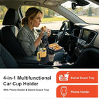 Car Large Cup Holder Expander, 4-in-1 Cupholder Extender with Phone Holder & Swivel and Detachable Snack Food Tray Table for Eating, Travel Essentials for Road Trips for Driver. Model F
