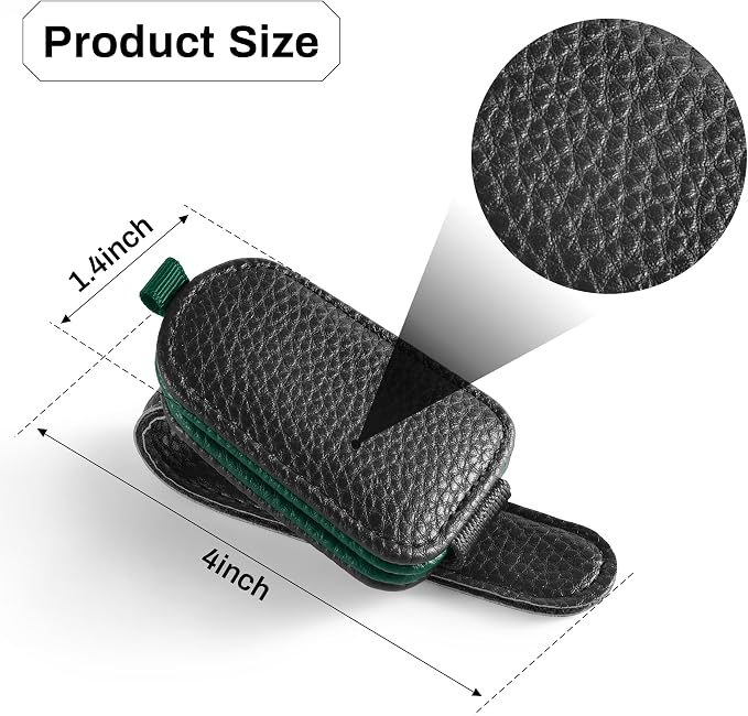 Sunglasses Holder for Car, Leather Magnetic Buckle Sun Visor Sunglass Clip, Ticket Card Storage Glasses Clip, Car Interior Accessories for Men and Women（2PCS Black-Green）