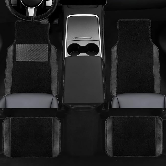 10 Pcs Car Floor Mats Full Set Car Accessories, Microfiber Leather Steering Wheel Covers 14.5-15 inch, Center Console Cover, Seat Belt Pads, Cup Coasters, Universal Interior Decor(Black)