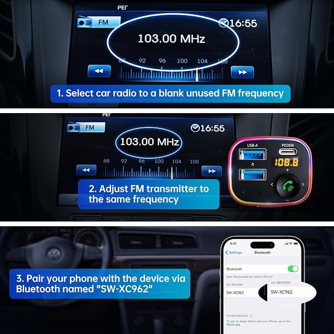 Bluetooth 5.4 FM Transmitter Car Adapter 48W (PD 36W & 12W) [Light Switch] [Hi-Fi Deep Bass] [Fast Charge] Wireless Radio Music Adapter LED Display Hands-Free Calling Support USB Drive, Red