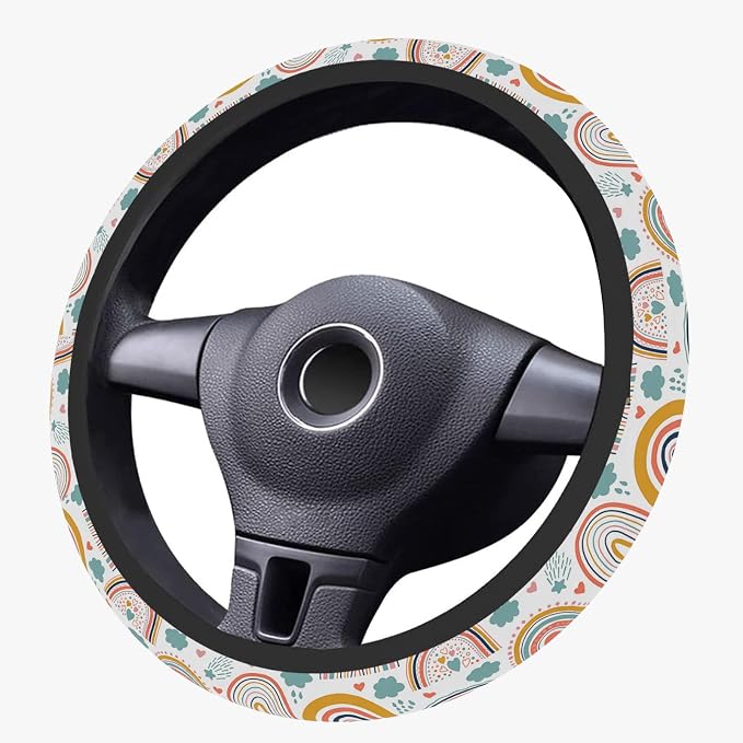 Boho Rainbow Steering Wheel Cover, Cute Print Steering Wheel Cover Protector, Ultra Thin Breathable Non-Slip, Car Accessories for Women, for Steering Wheel with a Diameter of 14.5"-15"