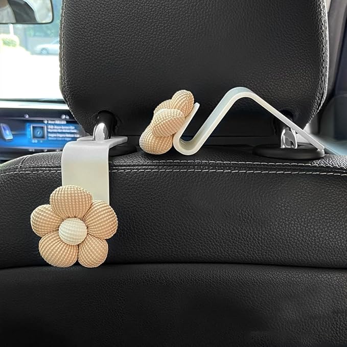4PCS Car Headrest Hooks, Cute Flower Vehicle Seat Organizer Hooks for Purses and Bags, Portable Automotive Purse Hanger Holder Decoration, Universal for SUV, Sedan, Truck (Beige/White)