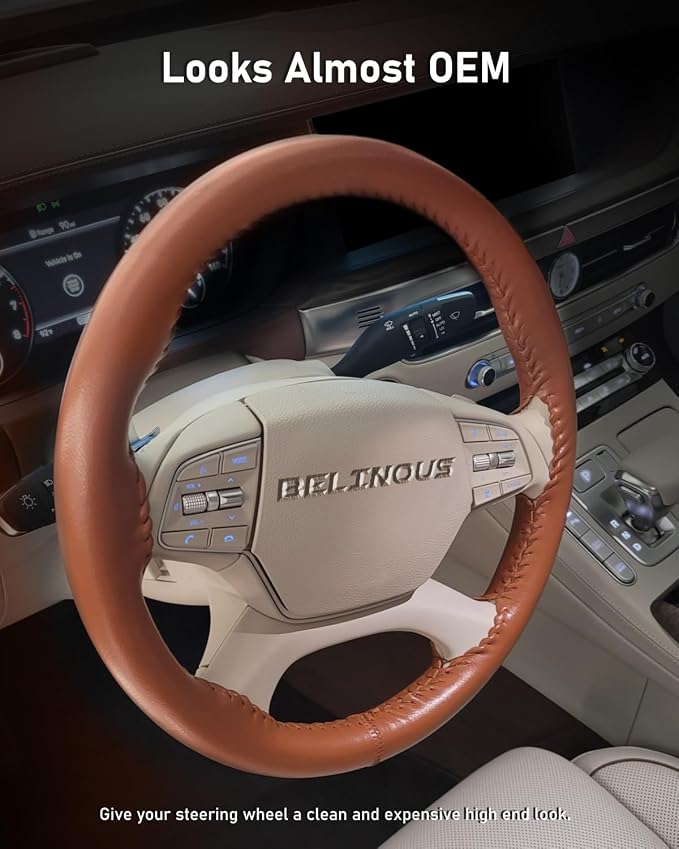 Leather Steering Wheel Cover Lace Up, Stitch on Steering Wheel Wrap, Universal Fit 13-20 Inch Car Truck Pickup Boat, A Whole Piece of Cowhide, DIY w/Needle Thread (Size M6, Brown)