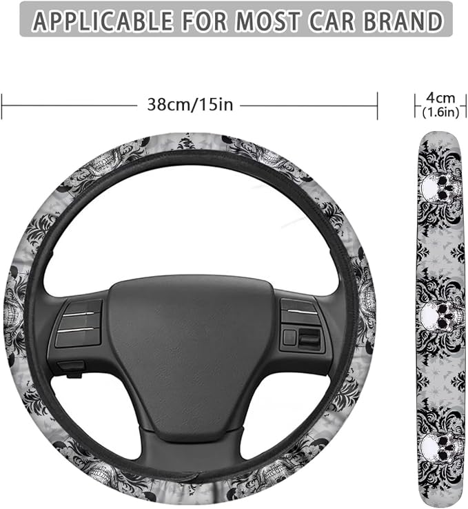 Steering Wheel Protection for Automotive Steering Wheel Covers | Skull Floral Grey, 14-15 In, Sweat Absorption Comfort Grip for Driver Women Men