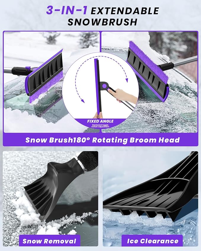 2025 Extra Long 55.7" Ice Scrapers for Car Windshield Multi-Functional Detachable Car Ice Scraper with Foam Grip and 270° Pivoting Brush Head Snow Brush for SUV Truck Auto(Purple)