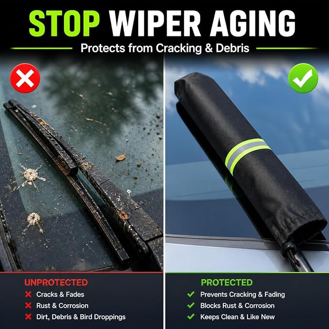 2Pcs Windshield Wiper Covers, 210D Heavy Duty Waterproof Wiper Blade Protector for Rain Snow Bird Poop, Universal Fit 25.5" Covers Sleeves with Reflective Strip for Cars, RVs, Trucks