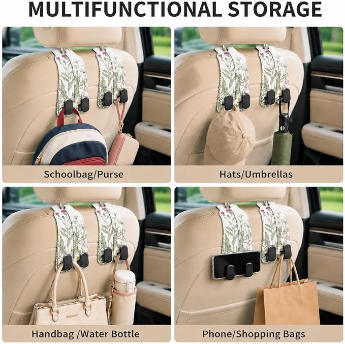 Cute Vintage Wildflower Car Seat Back Storage Headrest Hooks for Purses & Bags – 2PCS PU Leather Dual Metal Hooks, Backseat Organizer Accessories