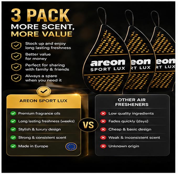 Sport Lux GOLD - Hanging Cardboard Air Freshener for Car, Home & Office - Premium Cologne Perfume with Natural Fragrances - Long Lasting, Fresh, Luxurious Scent - Stylish Design, Pack of 3