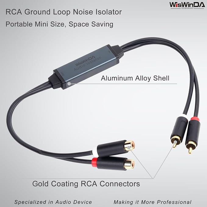 Mini Ground Loop Noise Isolator Gold Coating RCA Connectors Aluminum Shell Noise Filter for car and Home Using in Different situations (WDISO-A010-RCA)