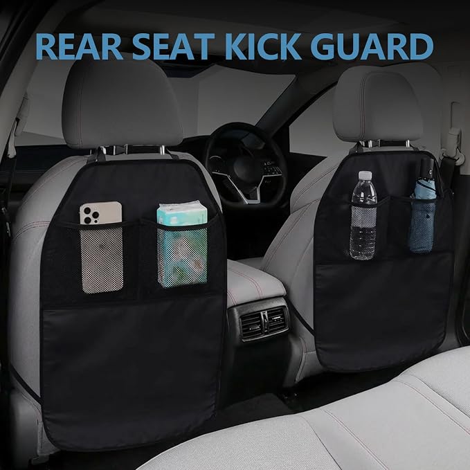 2PCS Kick Mats Back Seat Protector, Waterproof Oxford Car Front Seatback Protector for Kids, Seat Back Kick Mat Organizer with 2 Mesh Pockets, Universal Car Accessories (with Pocket)