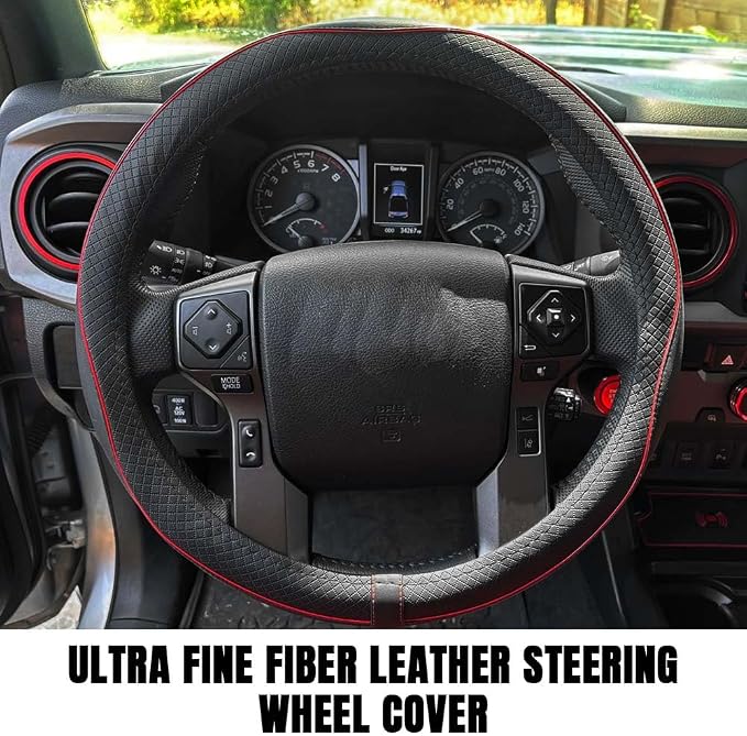 Car Steering Wheel Cover, Durable Leather Cover with Anti-Slip Lining, Breathable Auto Wheel Cover Protector, Universal 15 Inch Anti-Slip Steering Wheels for Men & Women (Black Red)
