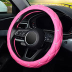 Diamond Leather Steering Wheel Cover with Bling Bling Crystal Rhinestones, Universal 15 inch,Dark Pink
