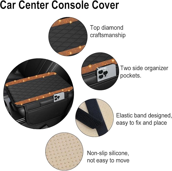 Bling Car Center Console Cover, Leather Car Arm Rest Cover Cushion with 2 Storage Bags, Universal Auto Armrest Protector Storage Box, Bling Accessories Interior for Most Vehicles (Orange)