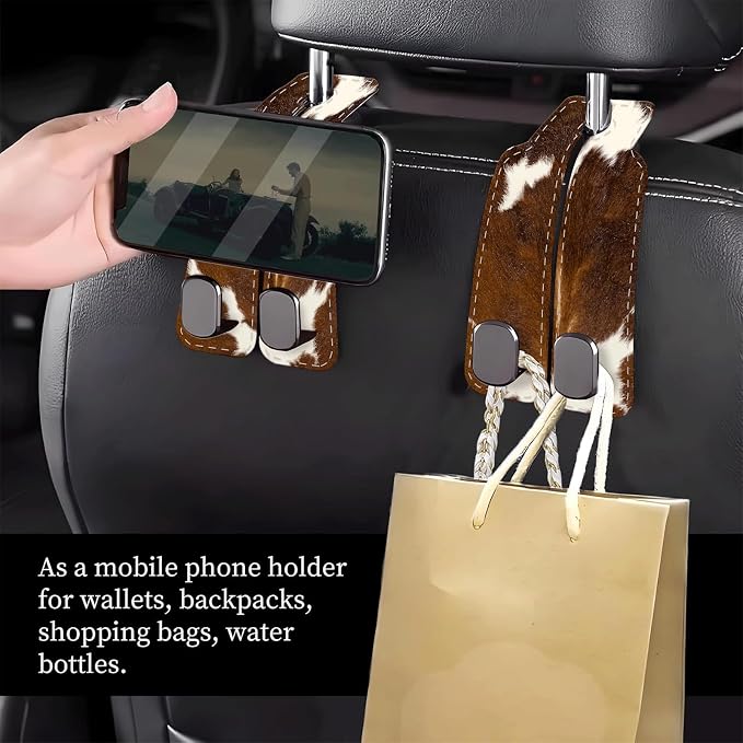 Car Seat Headrest Hook, Universal Leather Cute Hanger Holder Hook, Storage Organizer Interior Accessories for Purse Bags Handbag Funny Brown Cowhide