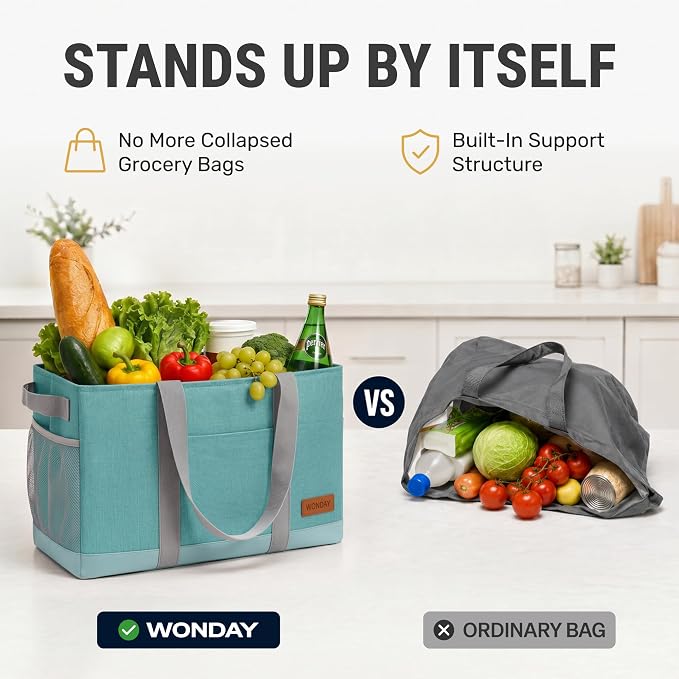 Extra Large Utility Tote Bag - Standing Reusable Grocery Bag with Handle, Collapsible Storage for Shopping, Beach