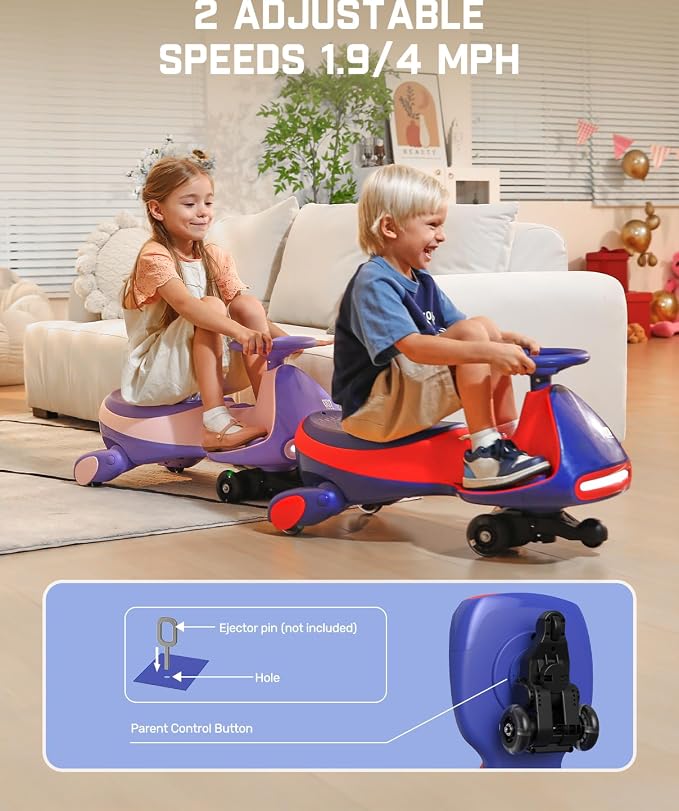 N7 Pro Electric Wiggle Car with Pedal, Rechargeable Battery, CyberWiggle, 2 in 1 Swing Car, 2 Speeds Max 4 Mph, Anti-Rollover, Flashing Wheels, Bluetooth, Ages 3+, 150 Lbs, Pink