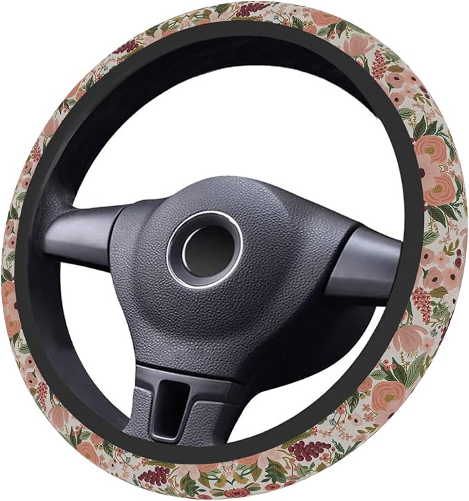 Burgundy Flowers Car Steering Wheel Cover for Women Men, Non-Slip Steering Wheel Protector, Universal 14"-15" Fit for Cars, SUVs, Trucks (Burgundy Flowers)