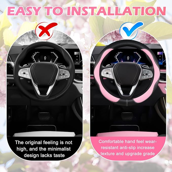 Pink Steering Wheel Cover, Non-Slip Breathable Comfort PU Imitation Leather Cute Car Accessories for Women Girl, Universal Protector in All Season 15 inch Fit Most Car
