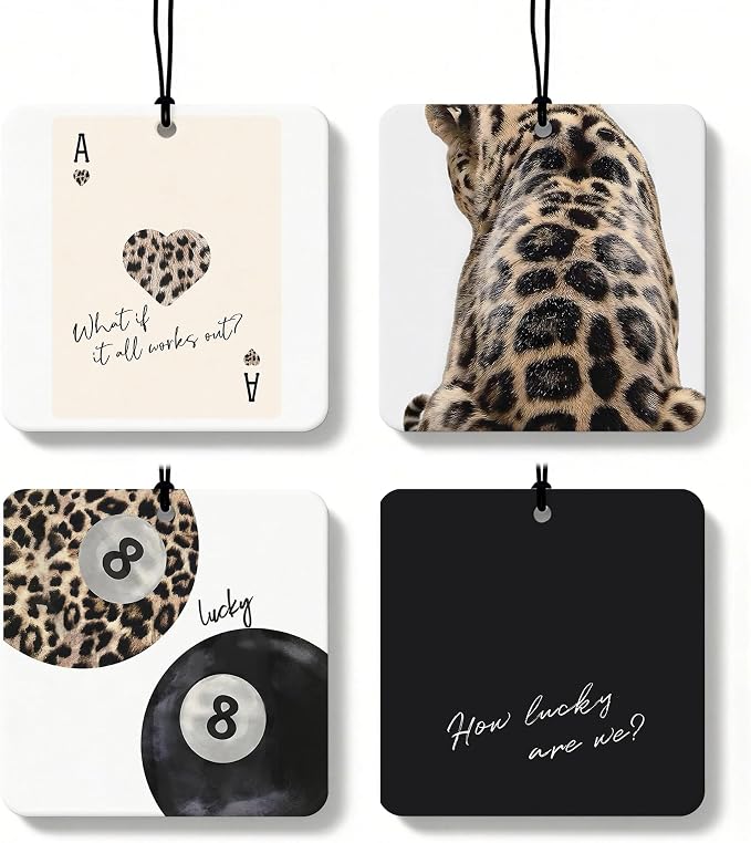 Funky Leopard Print Orange Car Air Freshener 4 Pcs, Cheetah Print Lucky 8 Ball Ace Card Square Hanging Air Freshener for Closet Drawer Books, Girly Y2k Car Accessories Mirror Decor for Women