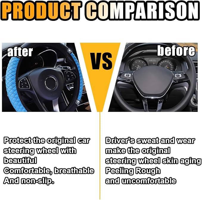 15 Inch Bling Soft Leather Car Steering Wheel Cover, Blue | Colorful Rhinestones Design, Auto Elastic Protector for Women Girls, Crystal Diamond Car Accessories for Most Cars, SUVs