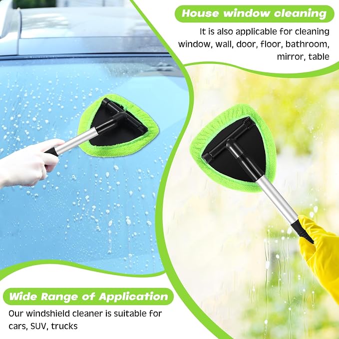 10 Pcs Windshield Cleaner Tool Car Window Cleaning Supplies with Extendable Handle Include 6 Washable Microfiber Bonnets 2 Empty 60ml Spray Bottle Glass Wiper Kit (Green)