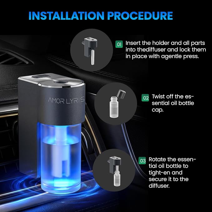 Car Vent Air Freshener, Smart 3-Speed Adjustable Car Diffuser, Rechargeable Essential Oil Diffuser, Long Lasting Fragrance, with 3 x 10ml Ocean Essential Oils, Ocean