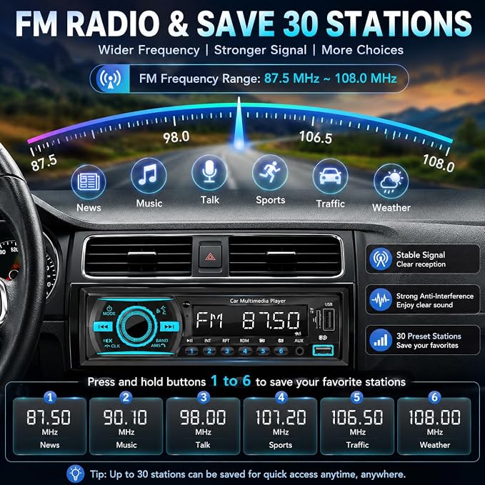 Single Din Radio Car Stereo Bluetooth,Radio Head Unit with FM/Dual USB/AUX/TF/EQ/MP3/RCA,12V Bluetooth Car Stereo Support Hands Free Calling,Clock Display,iOS & Android App Control,No CD(Black)