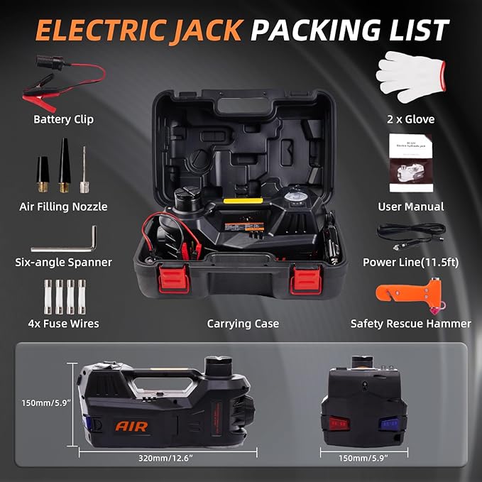 Electric Car Jack Quick Lifting Safe and Portable with Tire Inflator and LED Light Complete Set of Accessories 12V Hydraulic Floor Jack