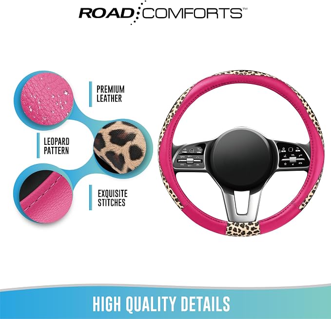 Steering Wheel Cover - Made with PVC Leather and Leopard Fabric - Universal 14 1/2 inches to 15 inches for Most Automotive Steering Wheel - Cheetah Print -Hot Pink