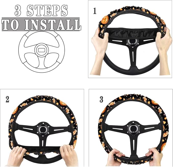 Car Steering Wheel Cover Universal 15 Inch Anti-Slip Neoprene Auto Steering Wheel Protector Halloween Car Accessories Decor for Women Men, Pumpkin Candy