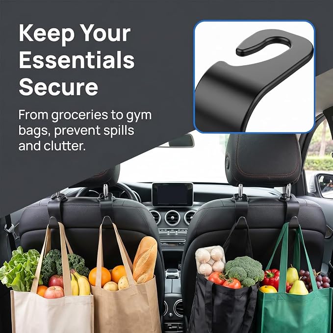 Car Seat Headrest Hook, 4PCS Vehicle Seat Back Hanger Storage Organizer for Purse Bag Coat, Auto Interior Hanging Holder Organization Accessories, Universal for SUV Sedan Truck (Glossy Black)