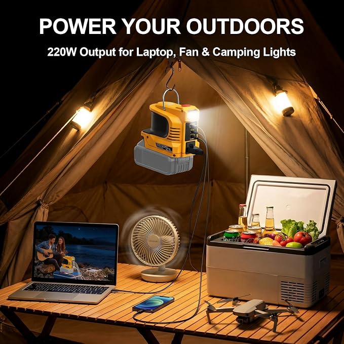 Real 220W Power Inverter Compatible with DeWalt 20V Battery, DC 20V to AC 110V-120V Portable Power Station with 1 AC Outlet, 1 USB & Type-C, 1 12V DC & 200LM LED (No Battery)