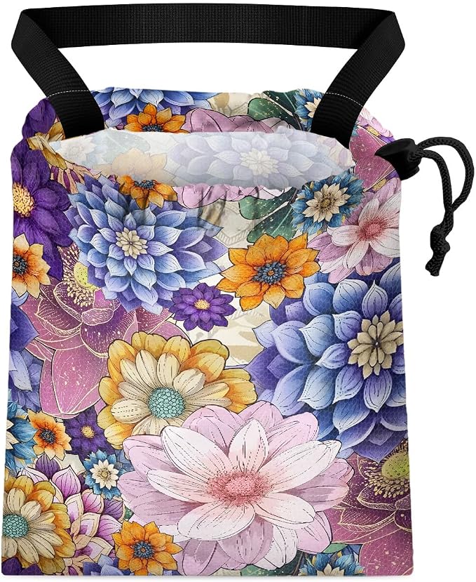 Car Trash Bag Hanging Back of Seat Waterproof Small Cute Printed One-Handed Strap Drawstring Garbage Bags for Car-Purple Boho Floral