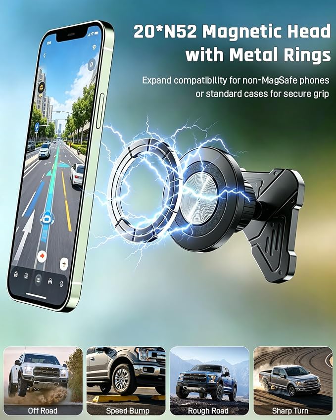 Car Vent Phone Holder for Ford F-150 2015-2020, Super Duty F-250 F-350 F-450 2017-2021, CNC-Machined Aluminum Air Vent Mount with Magnetic and Spring Clamp Heads, 45° Adjustable Truck Bracket