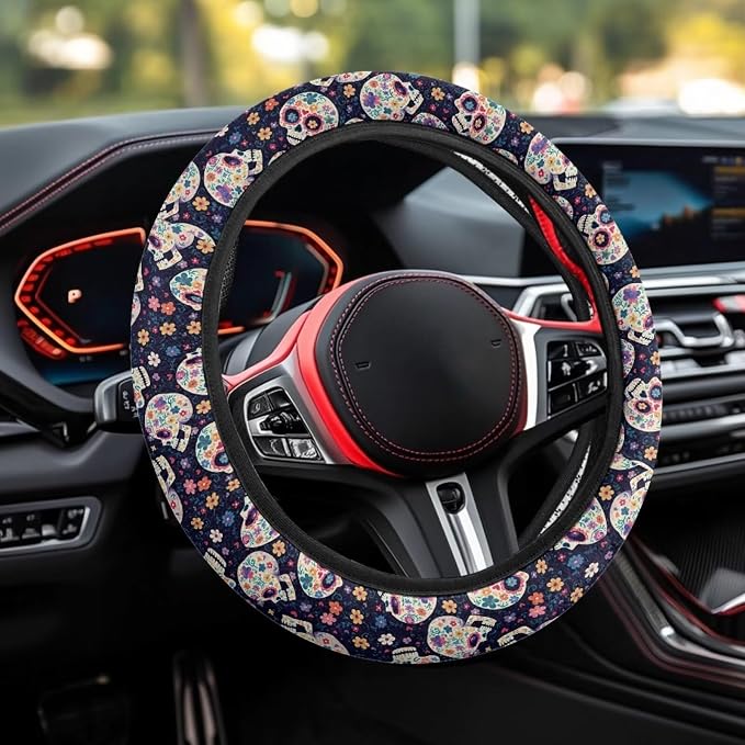 Steering Wheel Cover for Women, Hippie Flower Skull Sweat Absorbing Non-Slip Steering Wheel Protection Case, Machine Washable Elastic Flexible Universal 14 to 15 inch