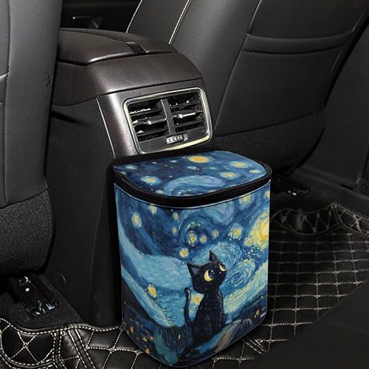 Cat Starry Night Print Car Trash Can with Lid, Leak Proof Auto Trash Bag Hanging Vehicle Garbage Can Multipurpose Storage Container for Back Seat Road Trip
