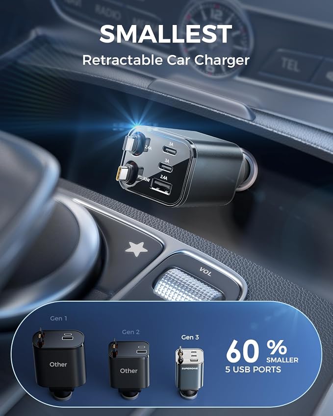 2026 Ultra-Compact Retractable Car Charger, 5 in 1 Car Phone Charger with USB C & Apple Cables, 84W Fast Charging USB C Car Accessories Adapter for iPhone 17/16/15/14/13, Galaxy, Pixel