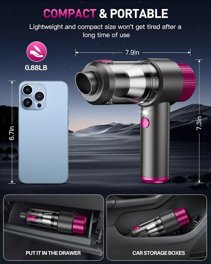 Handheld Car Vacuum Cleaner Cordless, 15000PA Powerful Mini Car Vacuum, 4-in-1 Air Duster & Blower, Portable Hand Held Vacuum Cordless Rechargeable with LED Light & Multi Nozzles for Car, Home