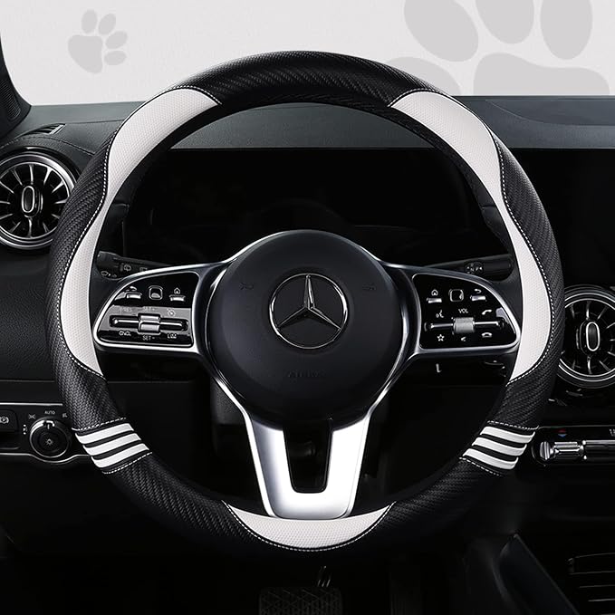 Car Steering Wheel Covers for Women Padded Carbon Fiber PU Leather Cute Auto Interior Accessories for Vehicle, Sedan, Universal, Anti Slip, White, Standard Size, 14.75-15.15in