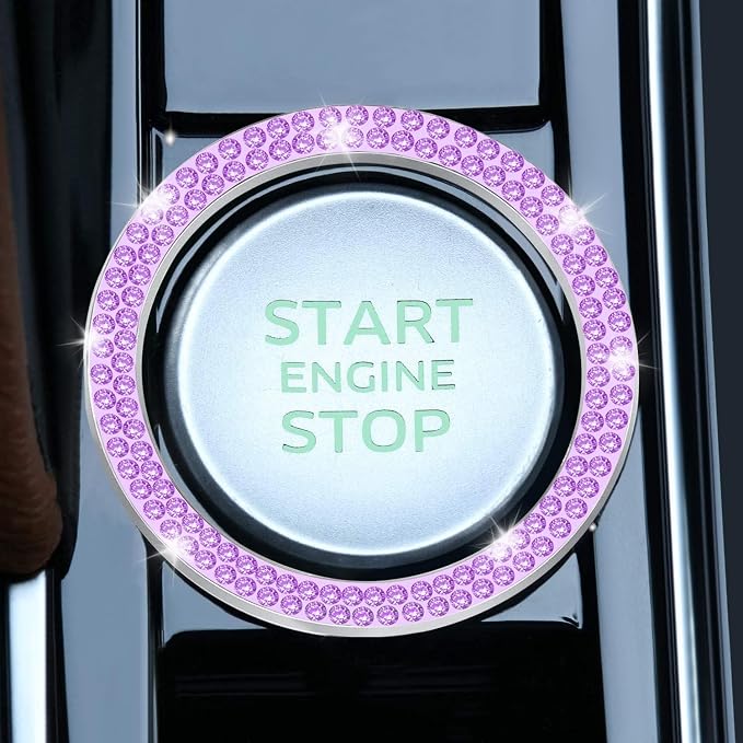 2 PCS Crystal Double Rhinestone Car Engine Start Stop Decoration Ring, Bling Car Interior Accessories for Women, Push to Start Button Cover Sticker, Automotive Decals, Purple
