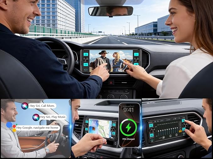 Single Din Car Stereo – Dual Knob Touchscreen Radio with Wireless Apple CarPlay & Android Auto Upgrade Your Classic Car with Easy Installation, Backup Camera Ready, Bluetooth, GPS, FM/AM, USB, EQ