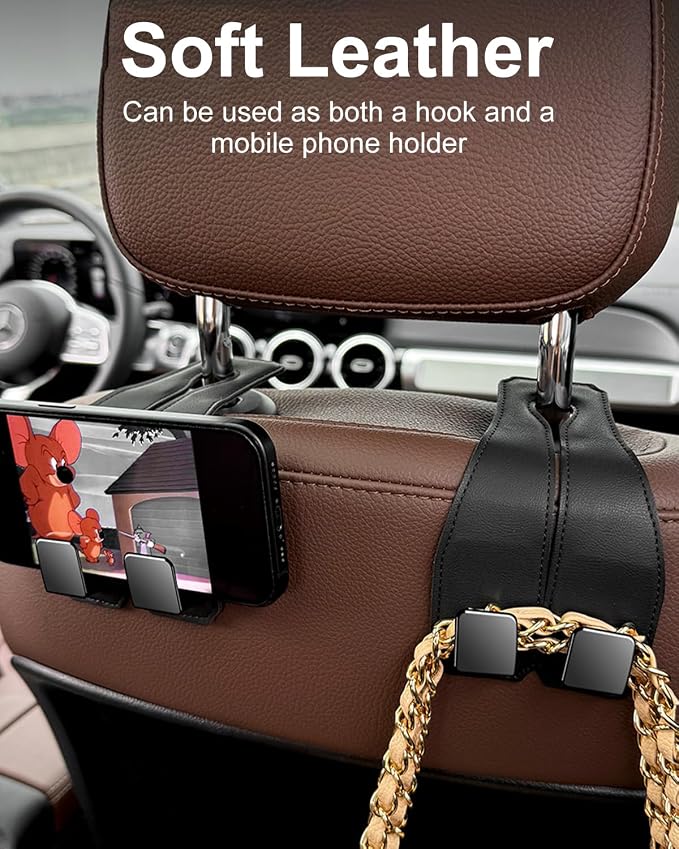 2 Pcs Car Hooks for Headrest, Adjustable Vehicle Seat Back Car Organizers and Storage Accessories, Universal Fit Double Metal Leather Purse Holder for Car(Black)