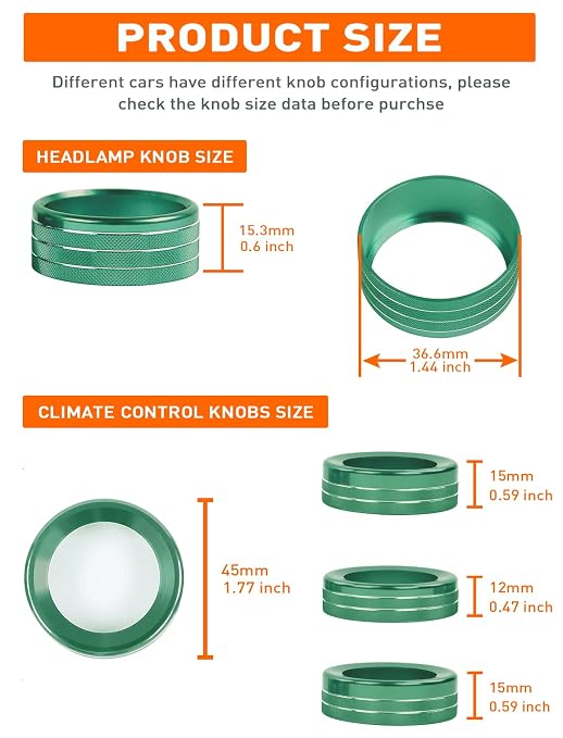 HVAC Climate Control Panel Knob Trim Kit & Light Control Switch Cover, Air Conditioner Knob Aluminum Alloy Ring for 2018-2024 Jeep Wrangler JL JLU & Gladiator JT, Interior Accessories, Green
