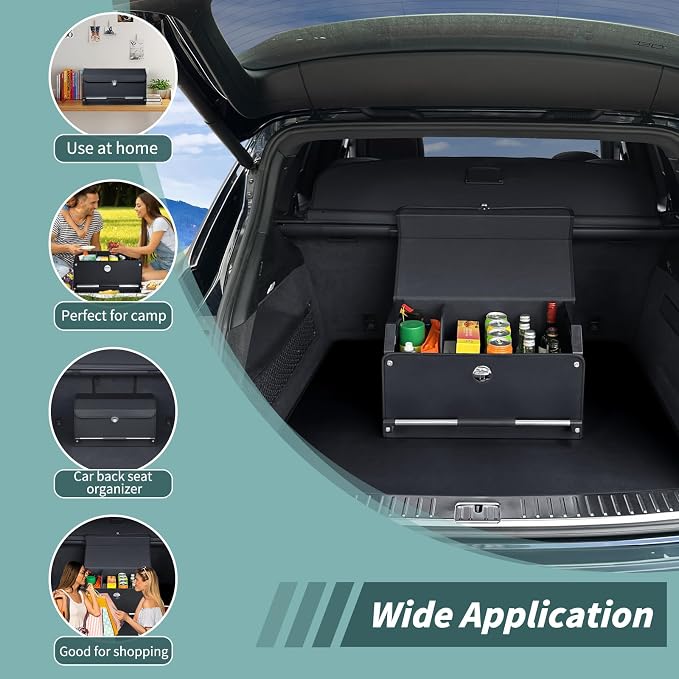 Car Trunk Organizer, Leather Trunk Organizer for SUV with Lid and Sturdy Handle Car Storage Organizer (Black, 20.47 x 11.42 x 12.2in)