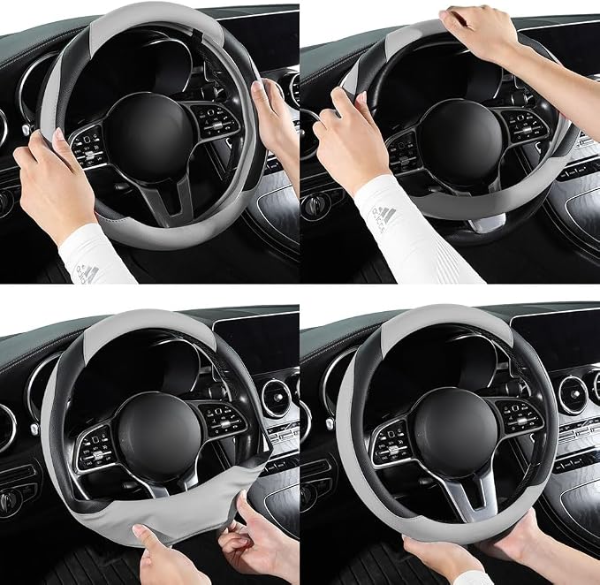 Car Steering Wheel Cover, Microfiber Leather Steering Wheel Cover Universal Fit 14.5-15 inch Anti-Slip Comfortable Breathable Car Wheel Protector for Men Women,Grey