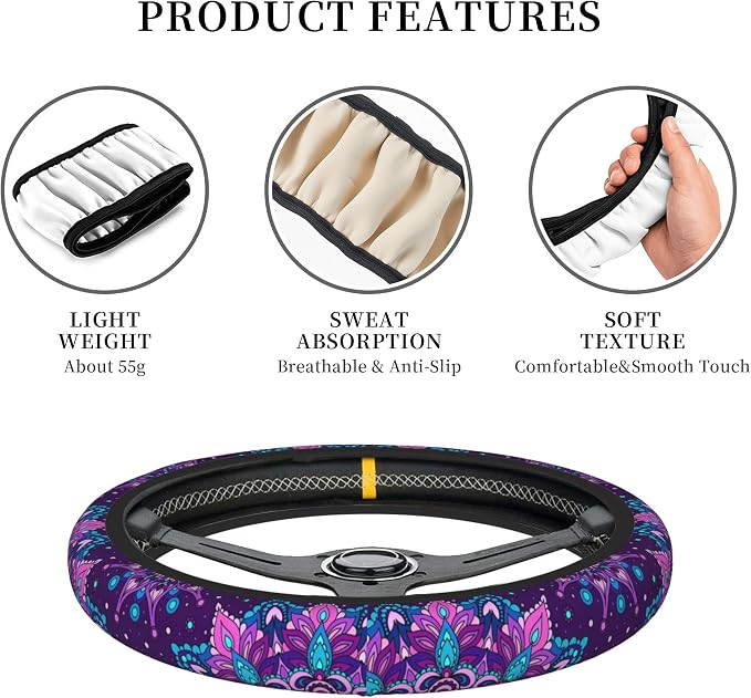 Purple Galaxy Flower Steering Wheel Cover for Women Girls Abstract Mandala Floral Universal 15 Inch Auto Neoprene Case Anti-Slip Car Wheel Protector