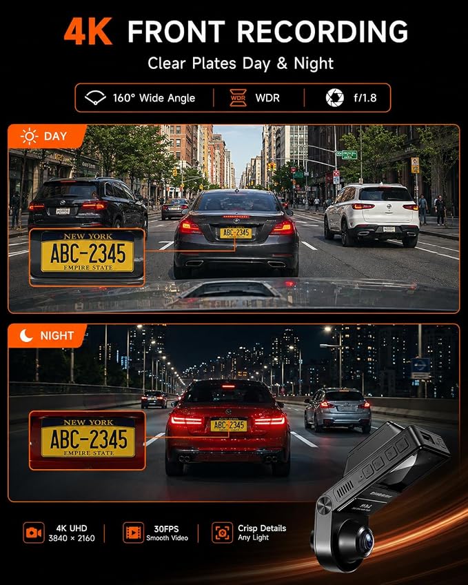 360° Dash Cam Front and Inside 4K+2.5K, 2 Channel Dashcam for Car, 185° Cabin Fisheye Car Camera with Night Vision, WiFi APP, GPS, G-Sensor, Parking Mode and 64GB Card Included